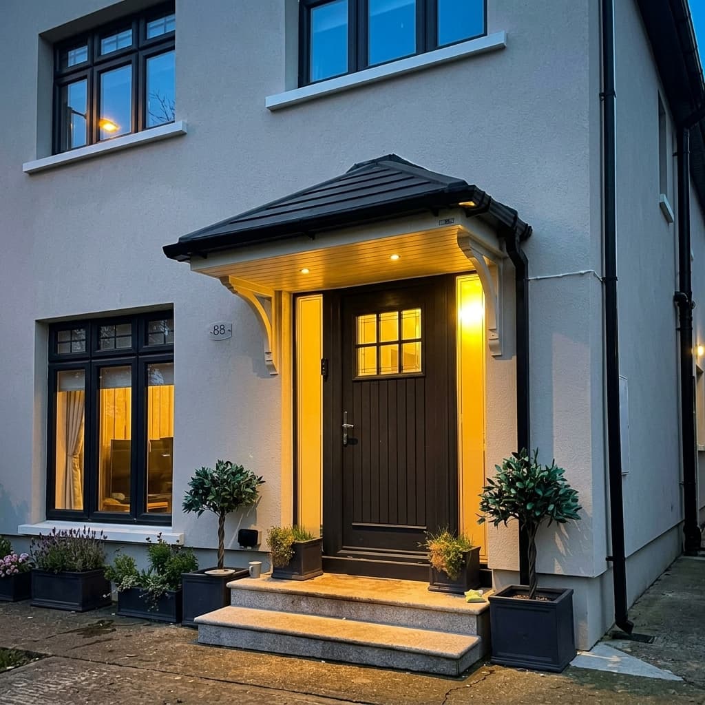 Portico canopy with warm ambient lighting over front door in evening
