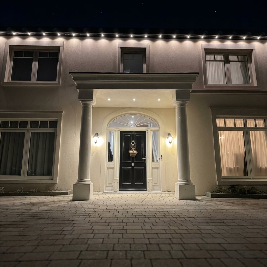 canopies direct portico columns night lit grand entrance